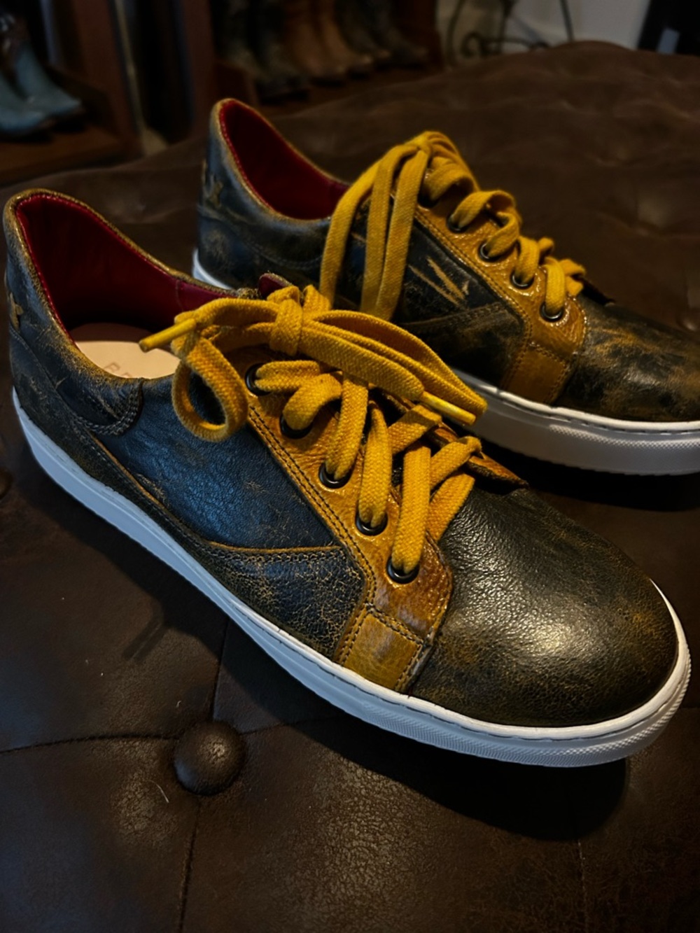 Bed Stu Women's Black and Mustard Leather Sneakers Azeli